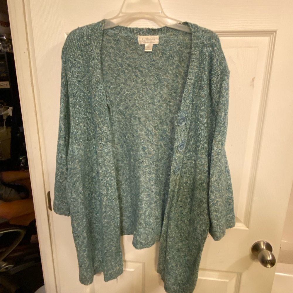 Soft light green button up sweater.